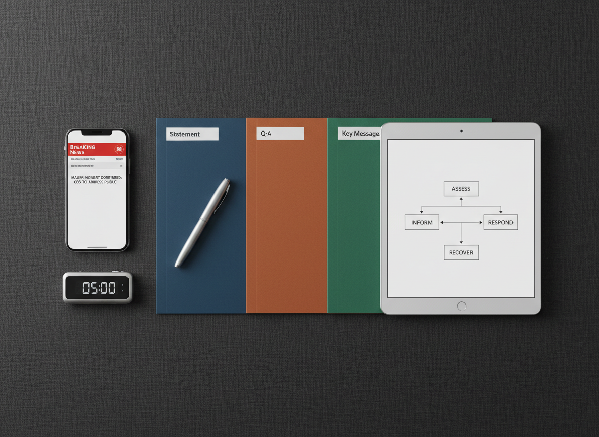A sophisticated flat lay of a crisis communications toolkit arranged on a dark charcoal linen backdrop: color-coded briefing folders labeled "Statement", "Q&A", and "Key Messages", a smartphone with breaking news alerts on-screen, a slim digital timer, and a minimalist whiteboard tablet showing a concise crisis flowchart. A sleek silver pen rests diagonally across the central folder, drawing the eye inward. Overhead soft-box style lighting evenly illuminates the scene, creating gentle, controlled shadows that add depth without clutter. The composition follows the rule of thirds with precise spacing between items, conveying methodical order. The mood is calm under pressure, organized, and reassuringly professional, rendered in photographic realism with a clean, strategic visual language suited to high-level PR consultancy.