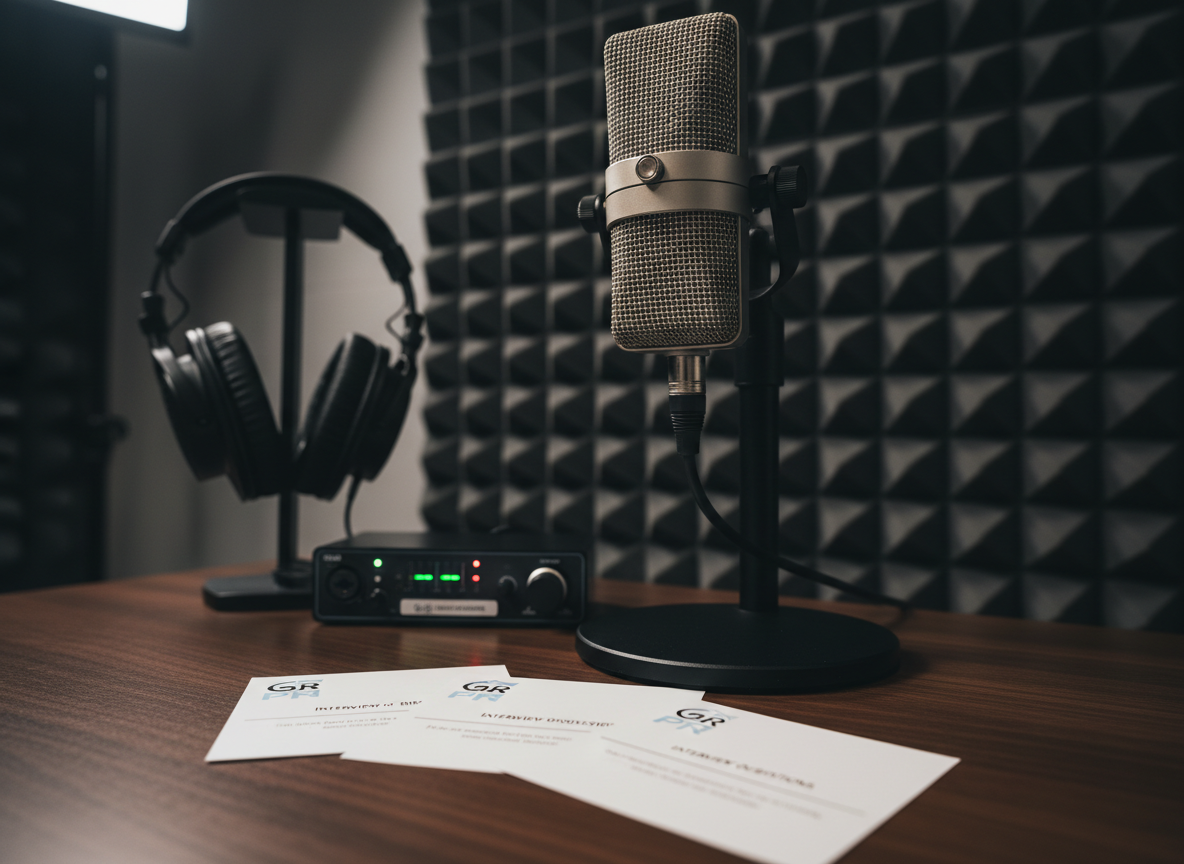 A close-up of a high-end broadcast microphone on a matte black stand positioned on a tidy studio desk, surrounded by professional over-ear headphones, a small audio interface with glowing LED levels, and printed interview question cards. Behind, a blurred acoustic panel wall hints at a compact recording studio. Cool, controlled studio lighting from above and one side creates soft highlights along the metallic mesh of the microphone and gentle shadows on the desk. Shot from a low, cinematic angle with a shallow depth of field that isolates the microphone as the hero subject. The mood is focused, polished, and media-savvy, emphasizing Grace PR’s broadcast expertise through realistic, editorial-style photography.