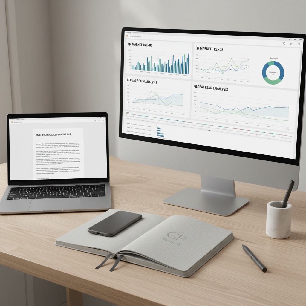An elegant minimalist workspace featuring a large, slim-screen monitor displaying a detailed media coverage report with graphs, headlines, and timelines. Beside the monitor, an open laptop shows a polished press release draft, while a smartphone rests on a linen-textured notebook branded with a subtle "Grace PR" monogram. The desk is a pale oak surface, uncluttered except for a single contemporary pen and a small marble pen holder. Soft, diffused daylight from an unseen window creates a calm, even illumination with faint shadows under each object. Captured from a slightly elevated angle with balanced composition, everything in crisp focus. The atmosphere is analytical yet creative, emphasizing precision, strategy, and boutique professionalism in a photographic, clean, modern style.
