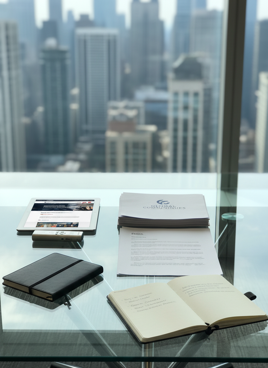 A sleek glass conference table covered with meticulously arranged public relations materials: neatly stacked press releases on crisp white paper, a glossy tablet displaying a news website, a silver digital voice recorder, and a leather-bound notebook opened to media strategy notes. The table sits in a bright, modern city office with floor-to-ceiling windows overlooking a slightly blurred skyline. Soft midday natural light pours in, reflecting subtly off the glass surface and chrome details, creating clean highlights and gentle shadows. Shot at eye level with a shallow depth of field so the documents are in sharp focus while the skyline softly recedes. The mood is professional, strategic, and composed, conveying a high-end boutique PR consultancy through photographic realism and a clean, modern aesthetic.